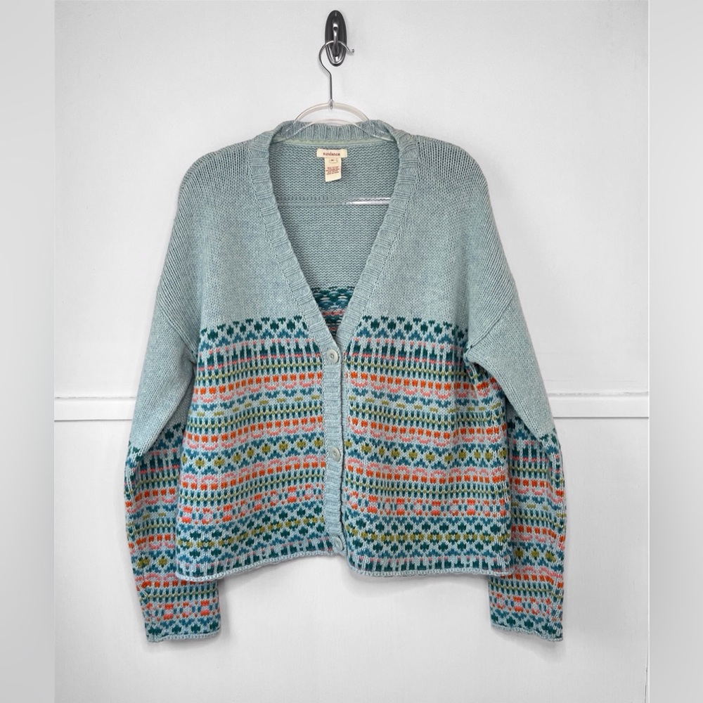 Sundance Molly Fair Isle Merino Wool Blend V-Neck Cardigan Sweater in Blue Multi - Picture 7 of 9